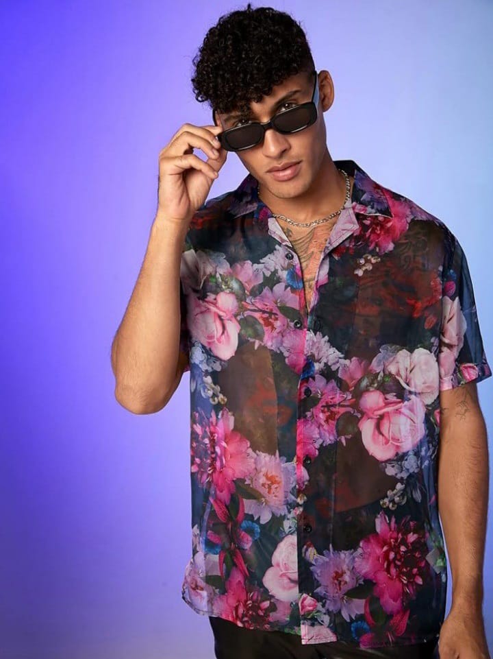 Streak Hawk Men Silk Satin Metallic Button Down Sleeve Collared Shirt